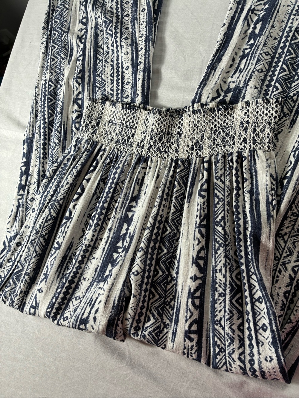 Blue White Linen Blend Boho Palazzo Pants Smocked Waist Medium Beach CALI1850 - Picture 2 of 6